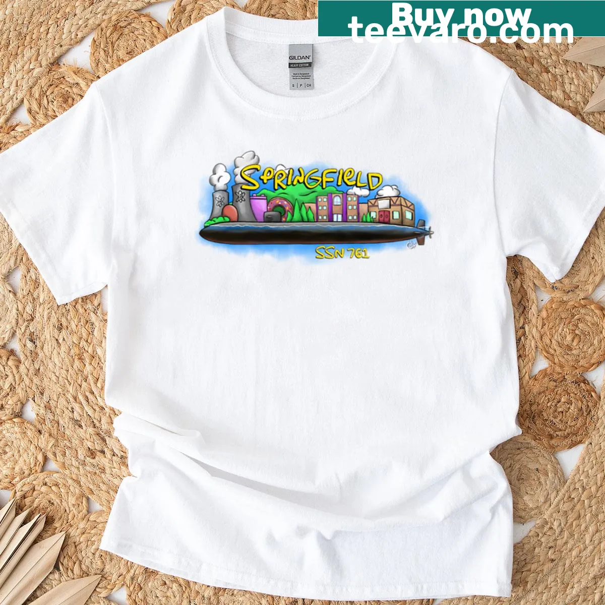 Uss Springfield T-shirt with naval badge-style graphic — on a men's t-shirt
