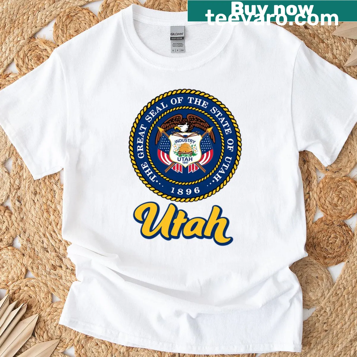 T-shirt featuring the Great Seal of the State of Utah — on a men's t-shirt