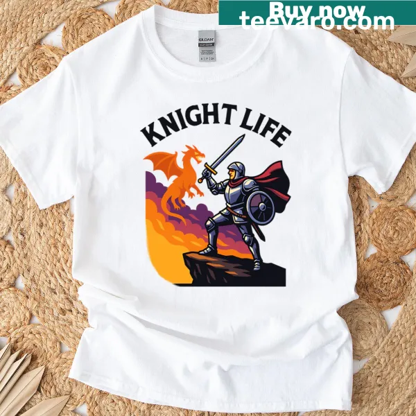 Valiant Knight Dragon Battle Cliff T-shirt with dynamic illustration