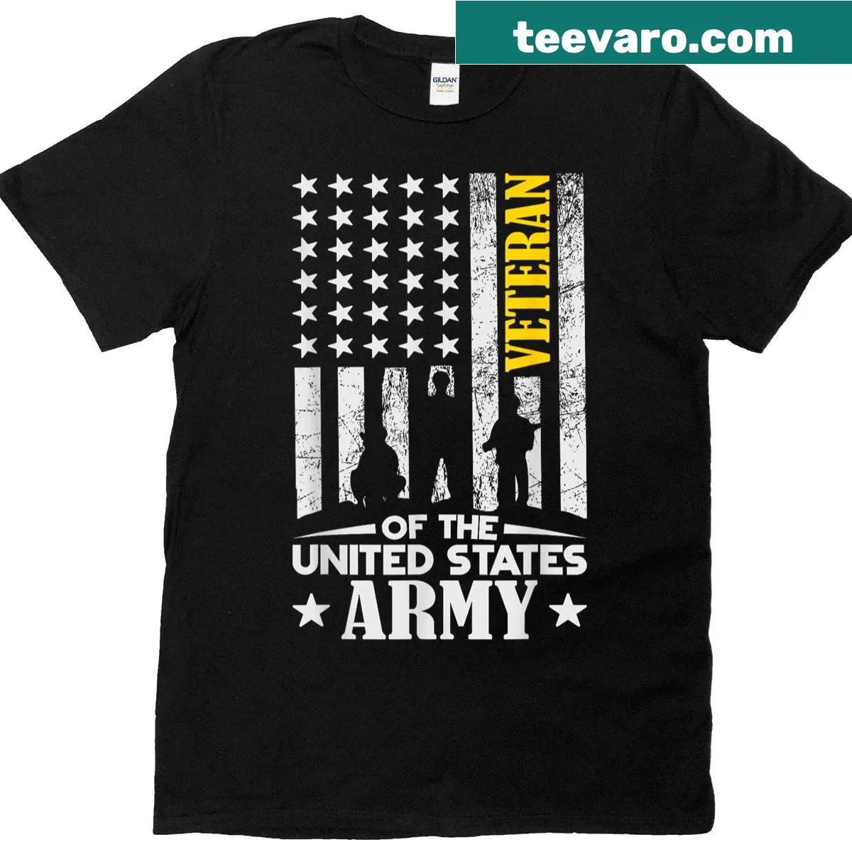 Gold t-shirt with 'Veteran Of United States Army' text — on a men's t-shirt