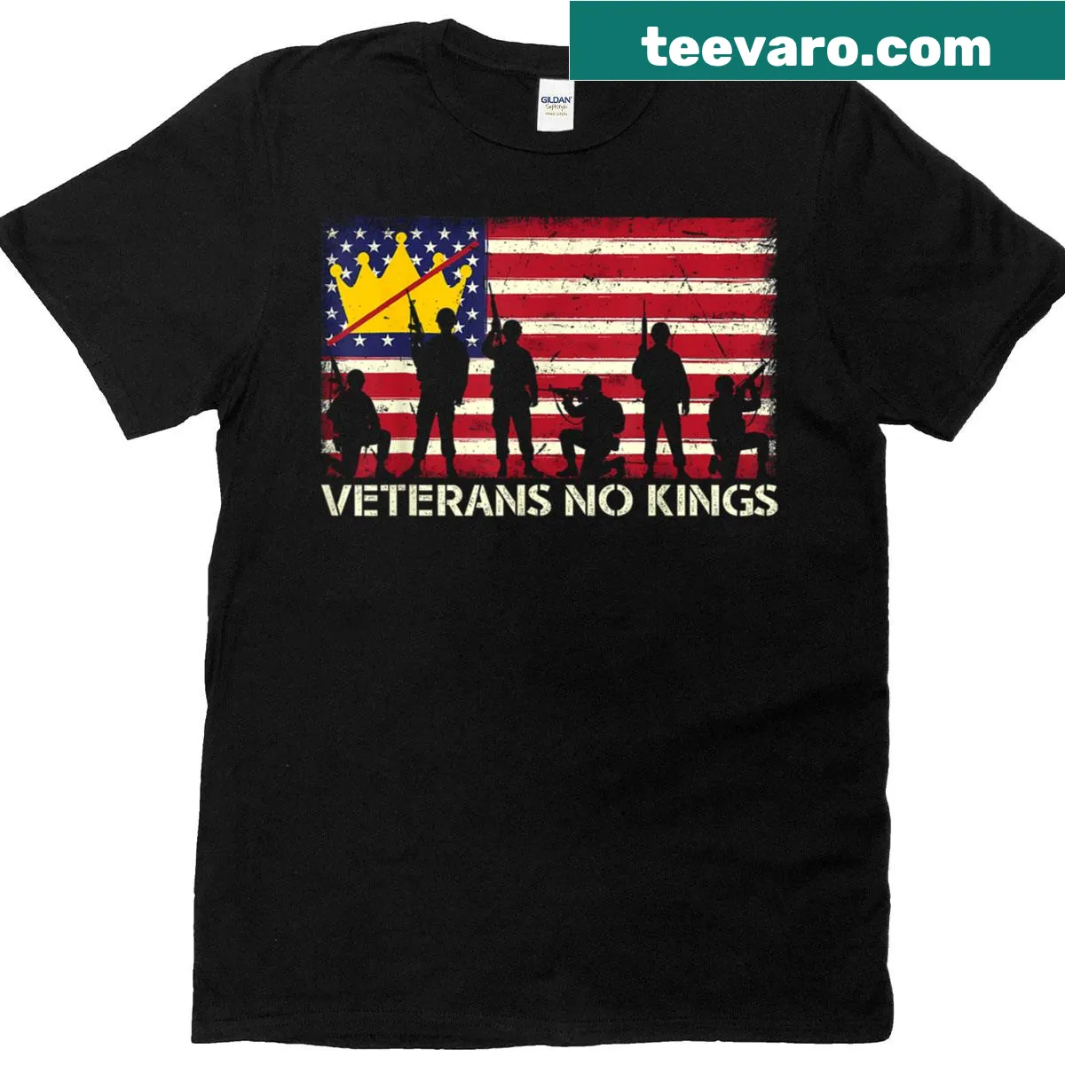 Vintage distressed t-shirt with American flag and 'No Kings' text — on a men's t-shirt