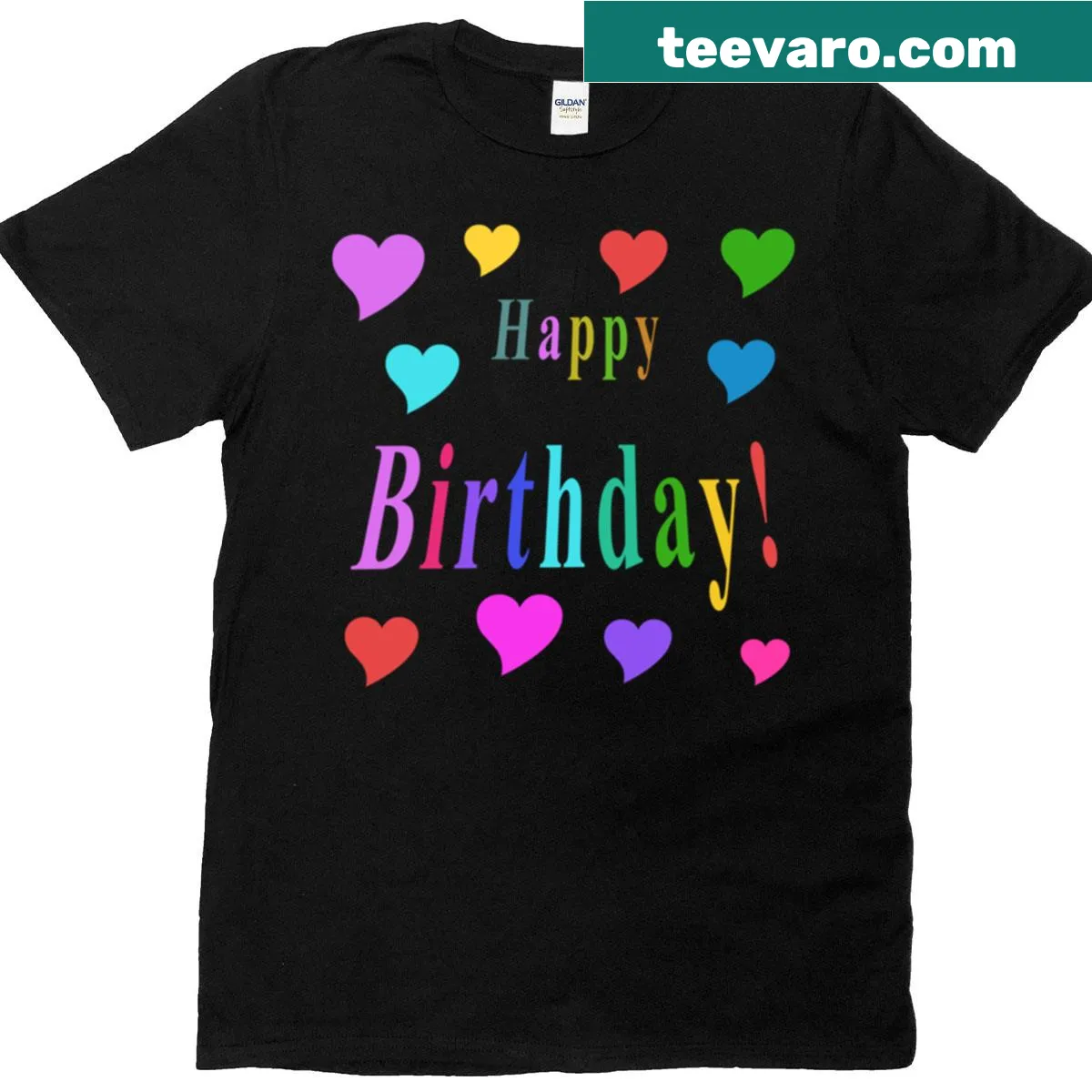 Heart-themed birthday T-shirt with colorful heart graphics — on a men's t-shirt
