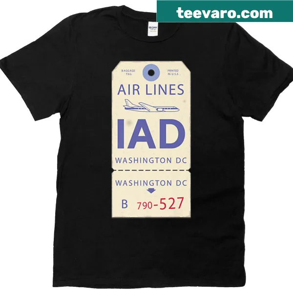 Vintage baggage tag design for Washington Dulles Airport on a T-shirt.