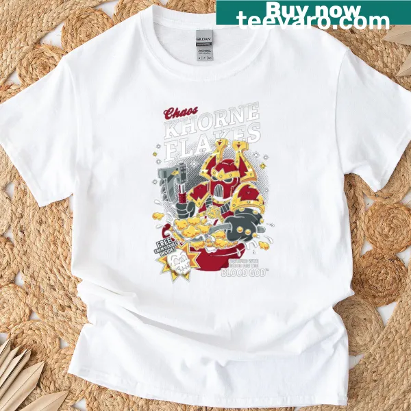 Vintage-style T-shirt with a whimsical Khorne Flakes cereal design