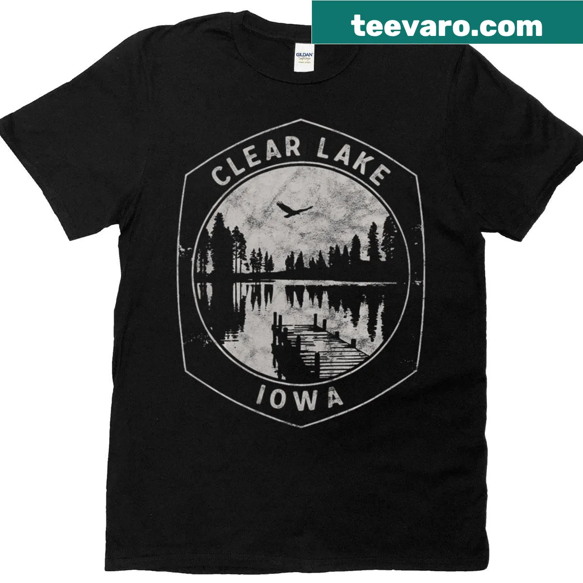 Illustrative design showcasing Clear Lake, Iowa on a t-shirt — on a men's t-shirt