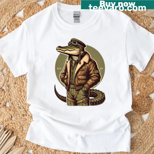 Vintage aviator crocodile graphic T-shirt for adventure lovers