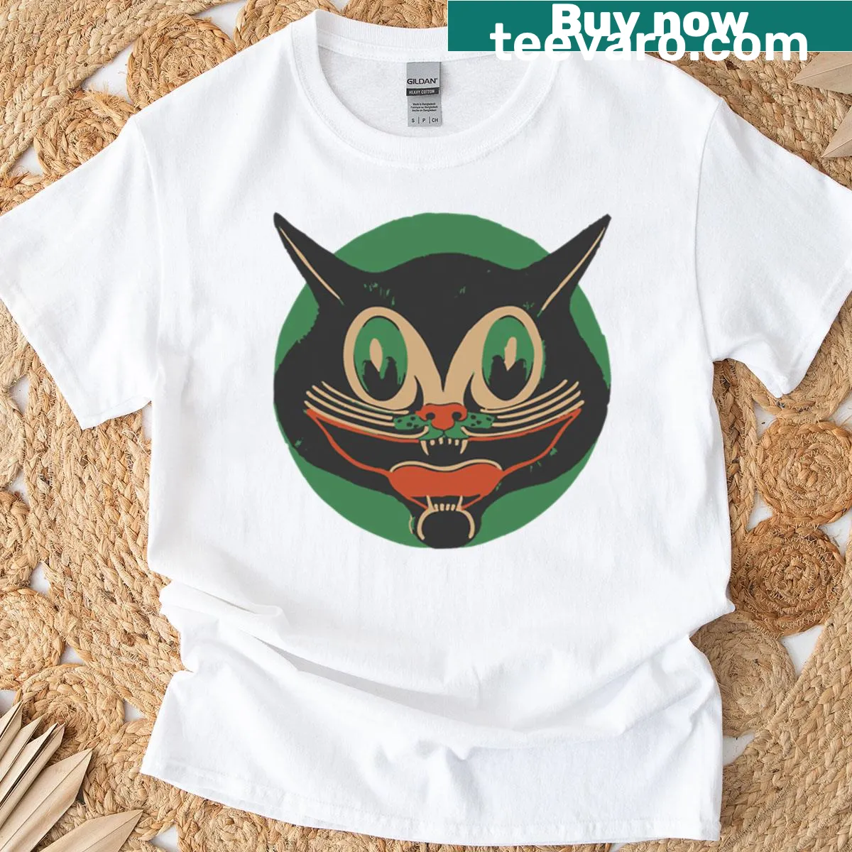 Vintage Halloween T-shirt with cartoon black cat design — on a men's t-shirt