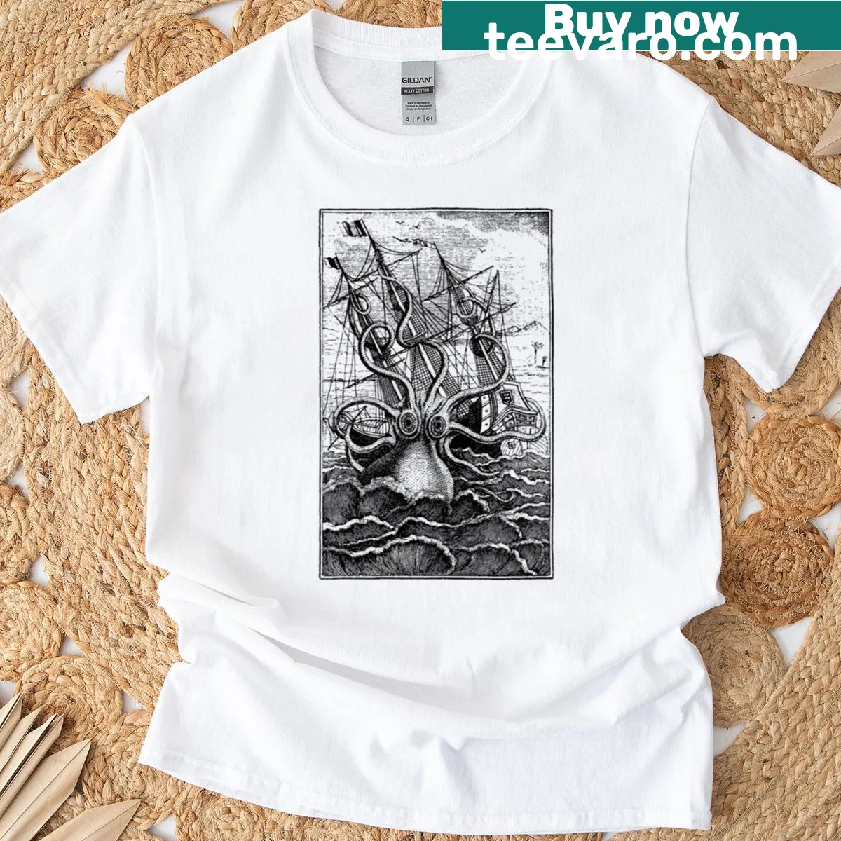 Oversized T-shirt with a vintage kraken attacking a ship illustration — on a men's t-shirt