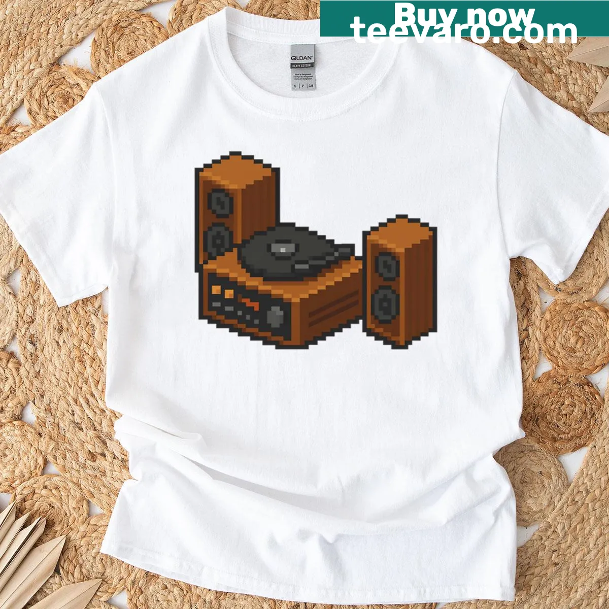 T-shirt featuring a vintage pixel art turntable — on a men's t-shirt