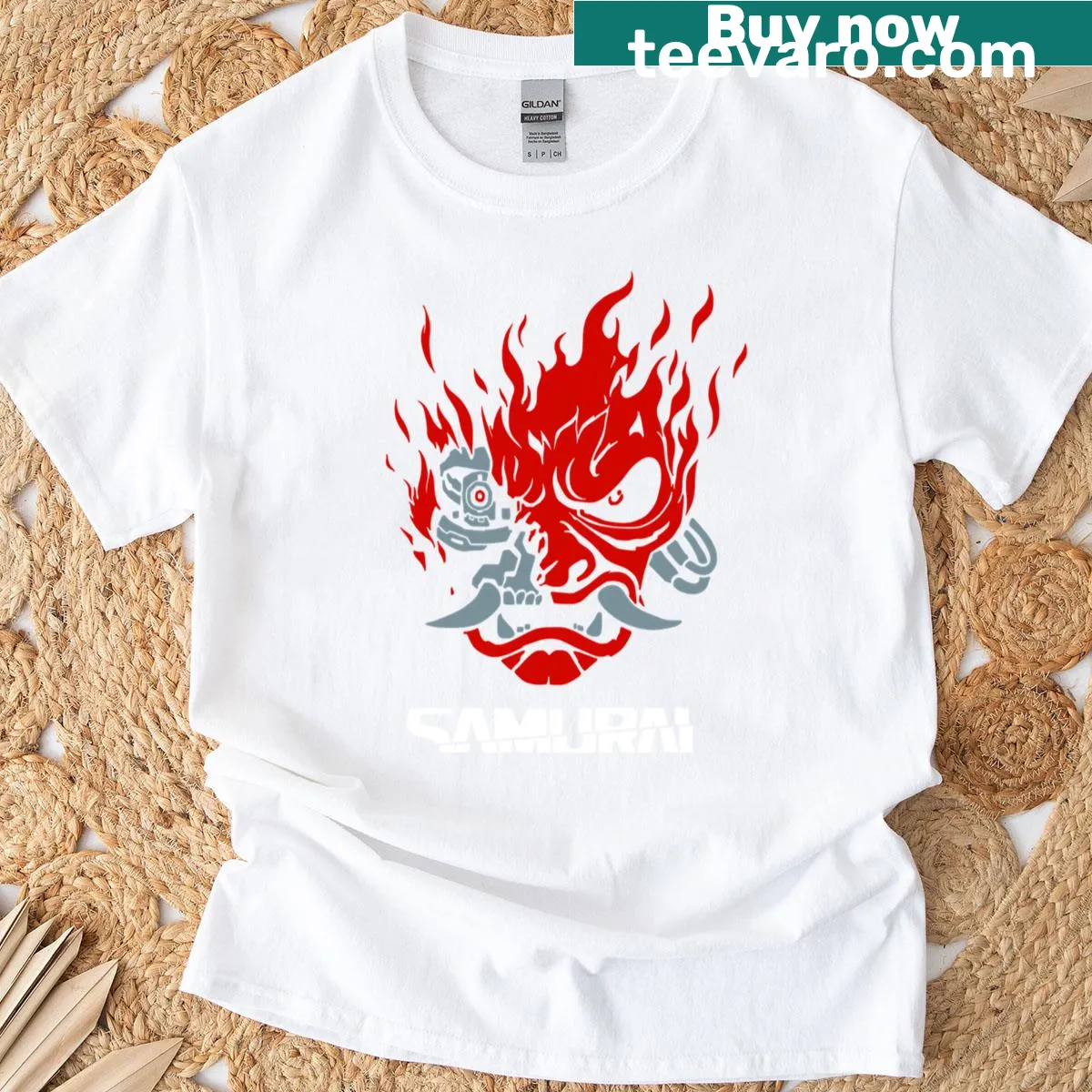 Retro samurai graphic on a vintage gaming-themed t-shirt — on a men's t-shirt