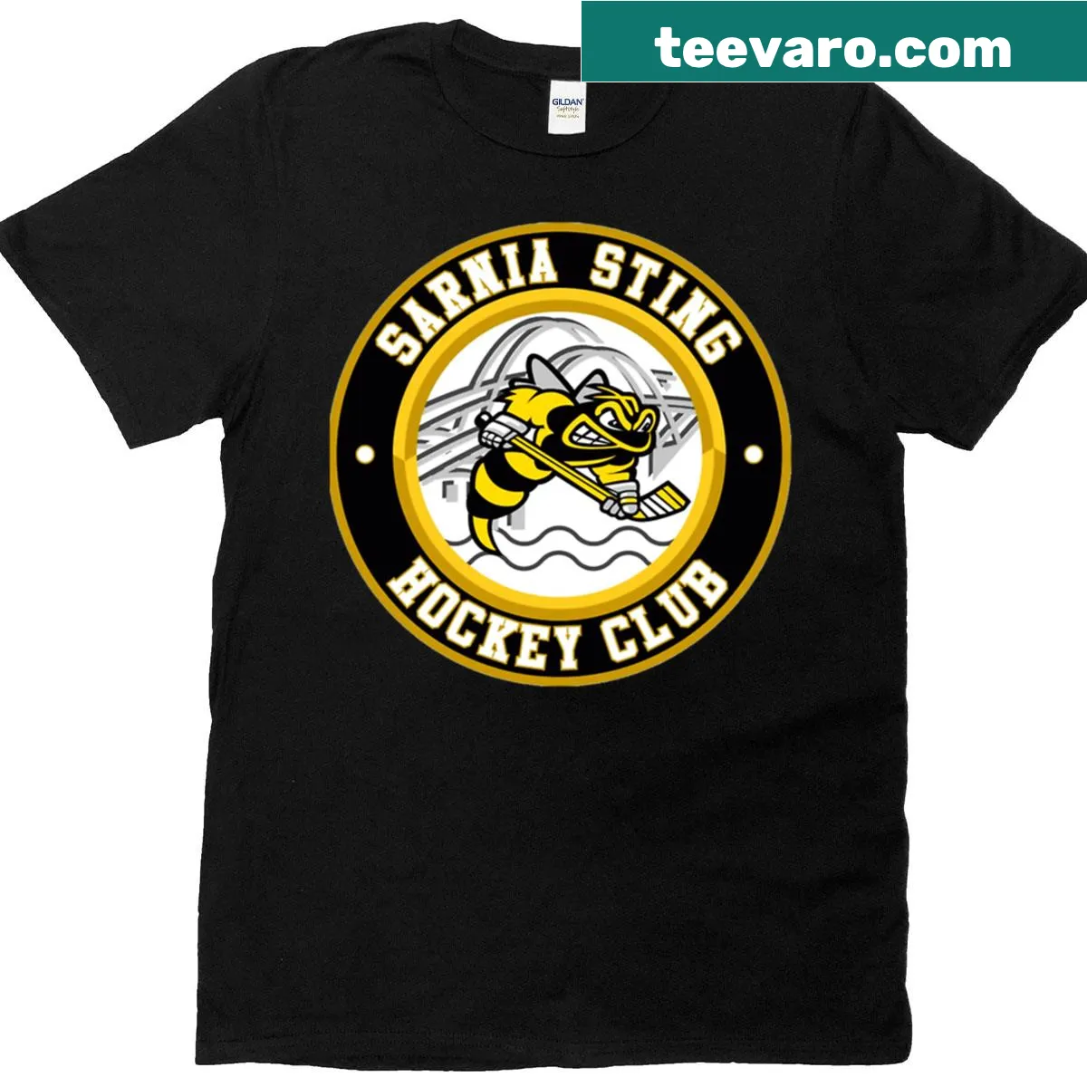 Vintage Sarnia-sting Hockey Club T-shirt with a distressed logo — on a men's t-shirt
