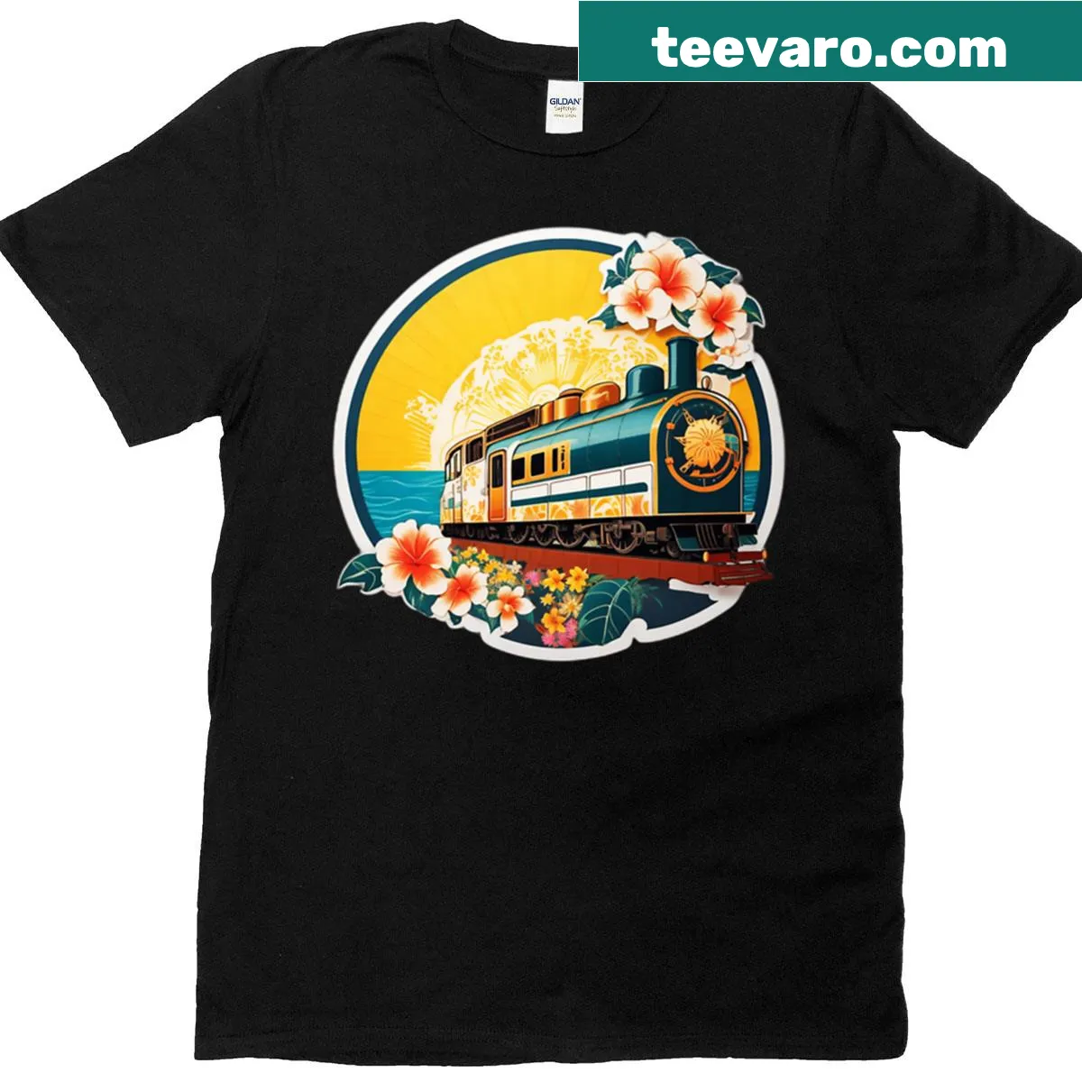 Vintage Train T-shirt featuring a train on a beach at sunset — on a men's t-shirt
