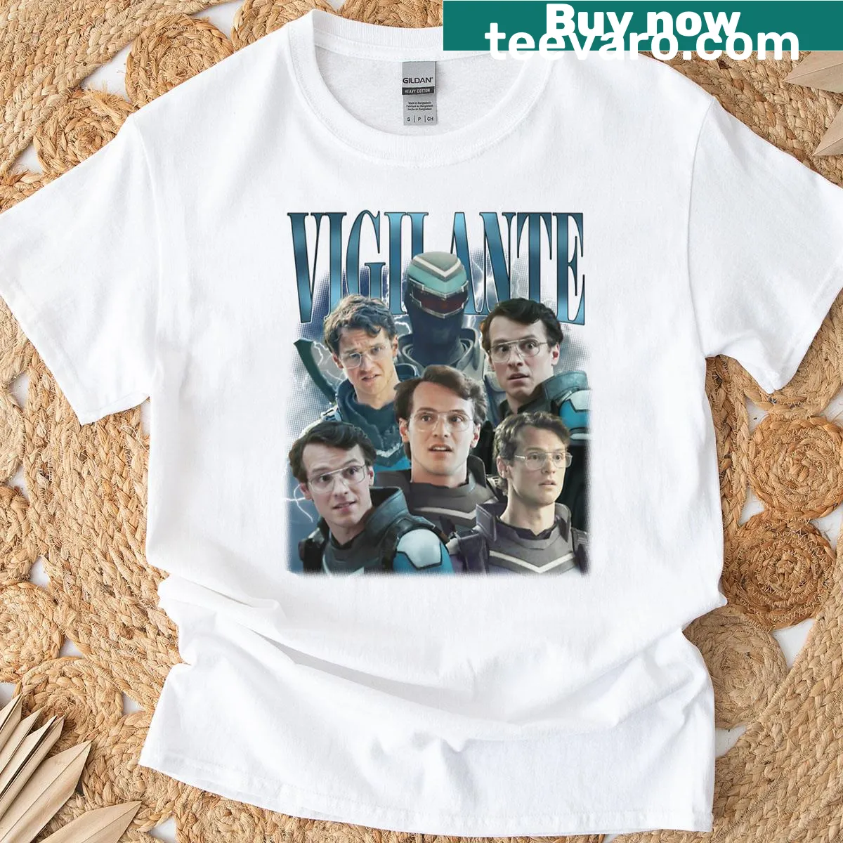 Adrian Chase vigilante graphic in vintage bootleg style on T-shirt — on a men's t-shirt