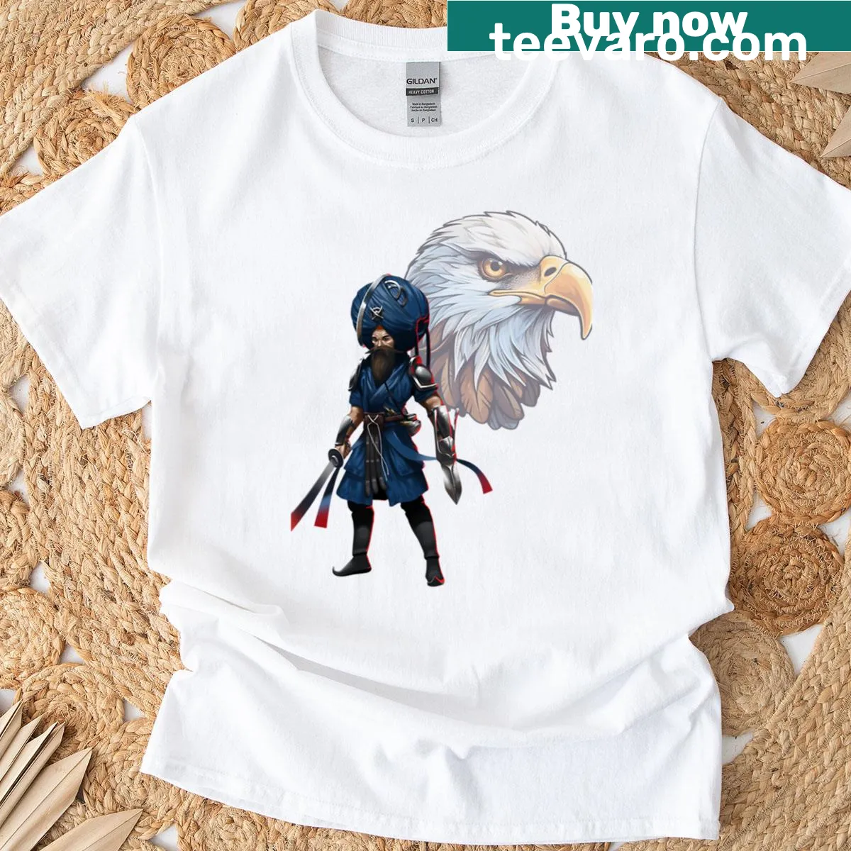 Illustrated T-shirt featuring a warrior and eagle spirit design — on a men's t-shirt