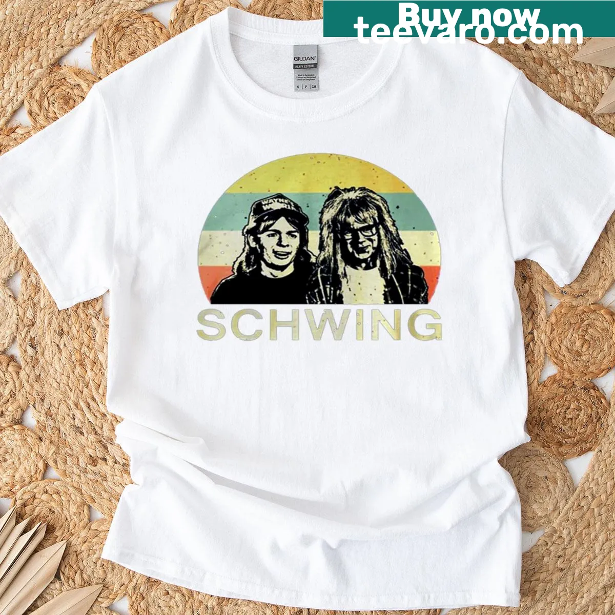 Vintage Wayne's World Schwing T-shirt with humorous design — on a men's t-shirt