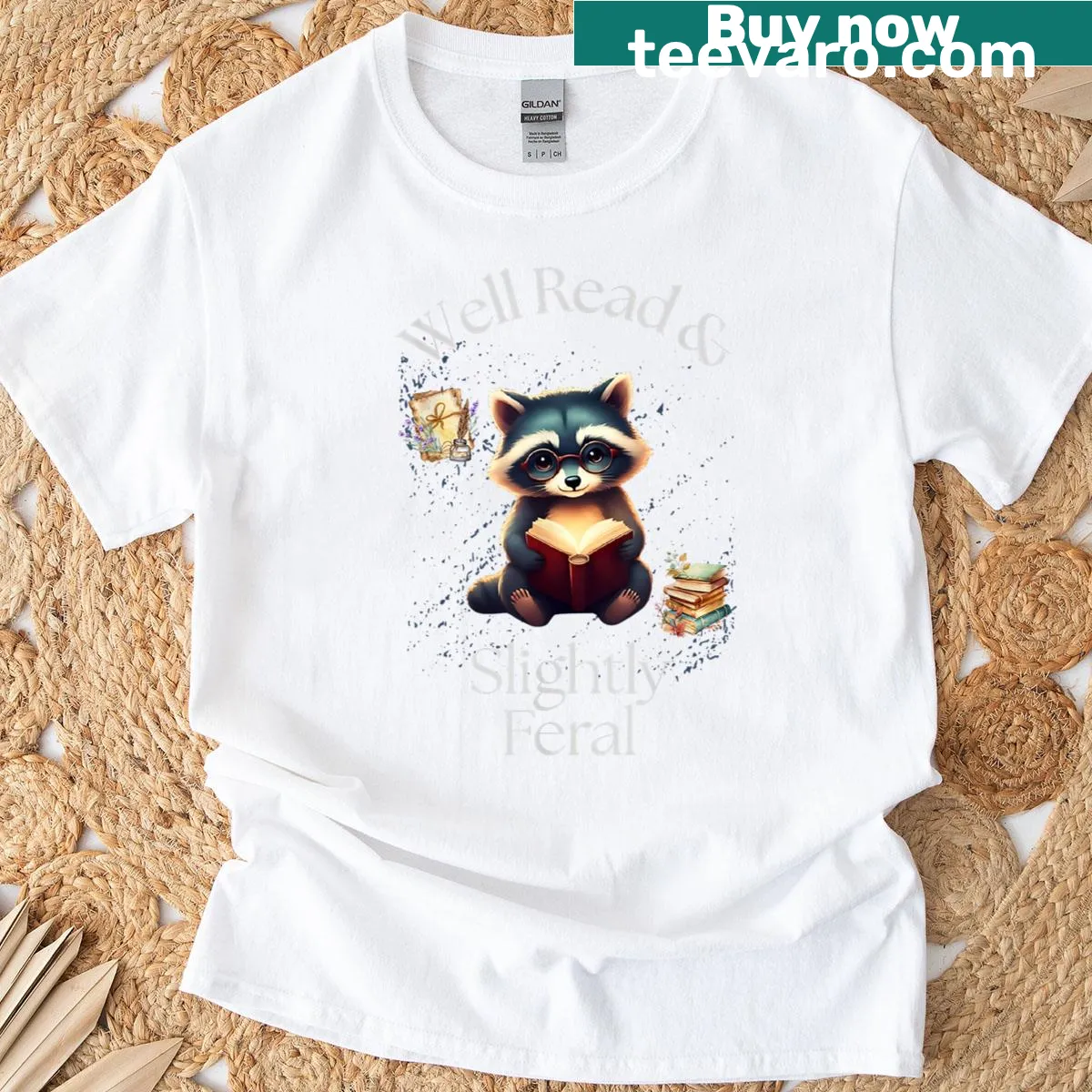 Whimsical raccoon graphic with books on a T-shirt — on a men's t-shirt