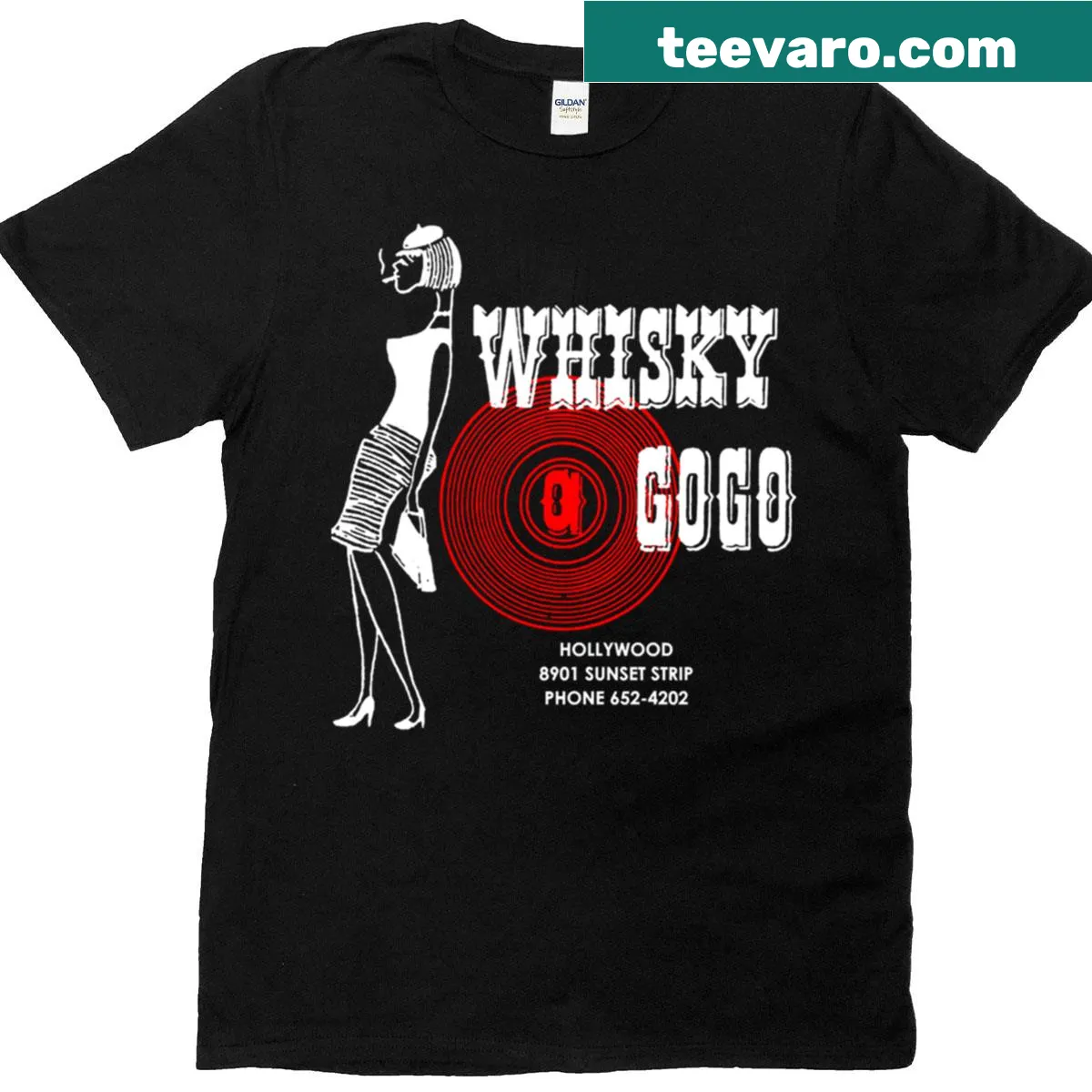 Vintage Whisky A Go-go poster T-shirt design — on a men's t-shirt