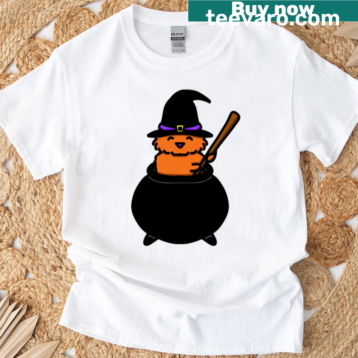 Charming T-shirt with a witch cat in a cauldron illustration — on a men's t-shirt