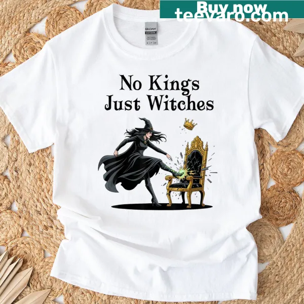 Illustrated witch kicking throne symbolizing feminism t-shirt