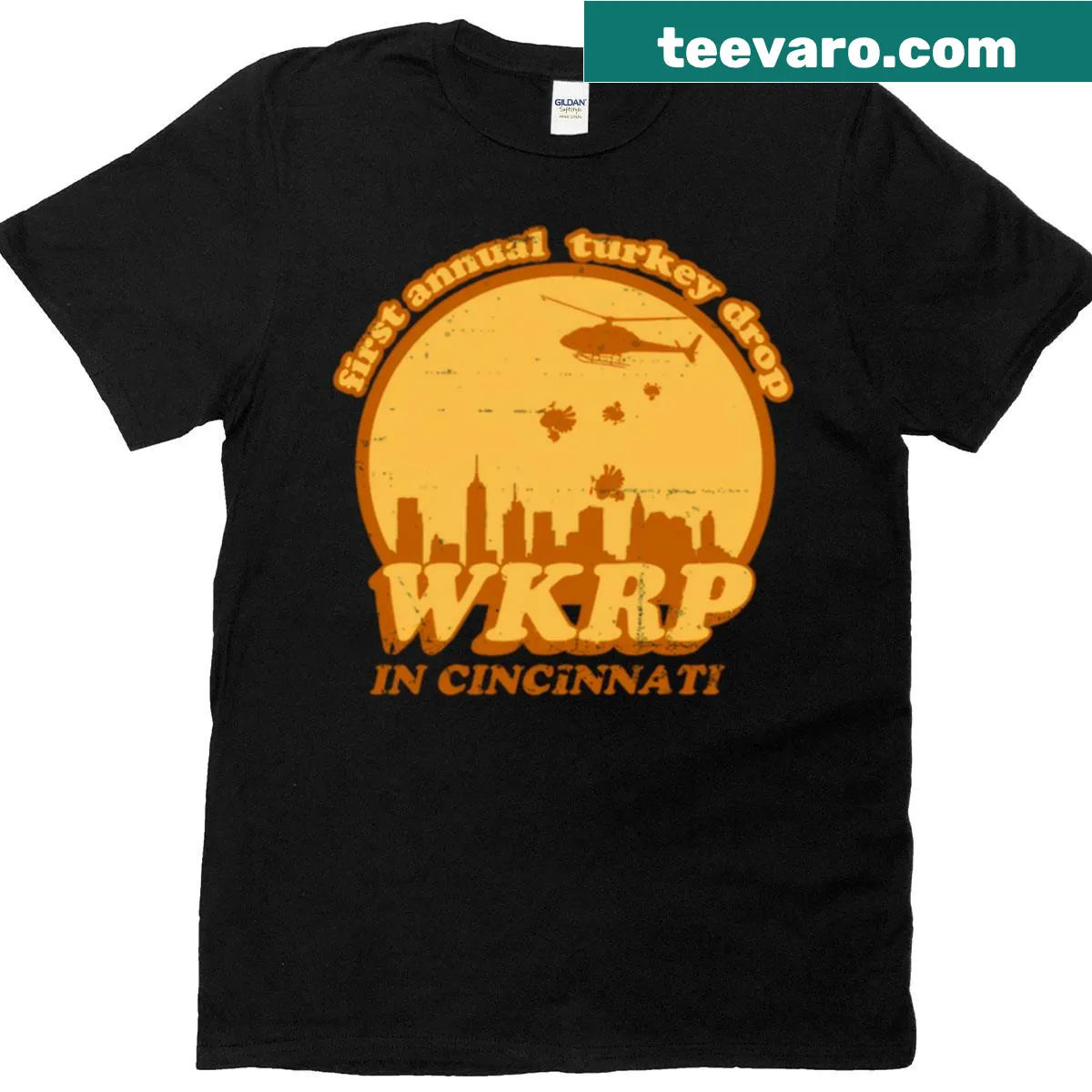 Funny WKRP Turkey Drop T-shirt with humorous TV-themed graphic — on a men's t-shirt