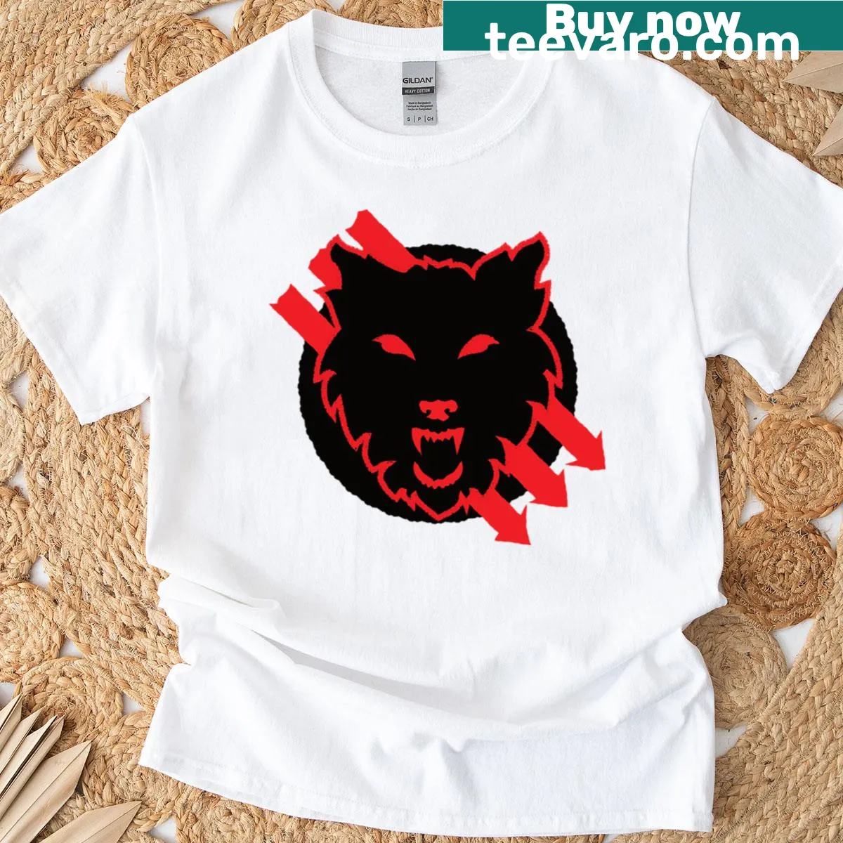 Wolves Of Democracy logo T-shirt in red and black — on a men's t-shirt