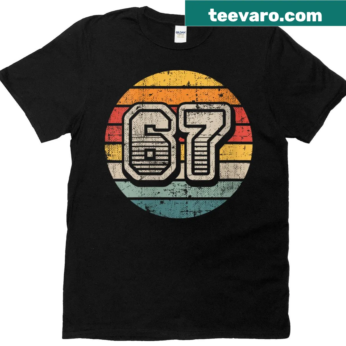 Retro T-shirt with the number '67' in a humorous meme-inspired design — on a men's t-shirt