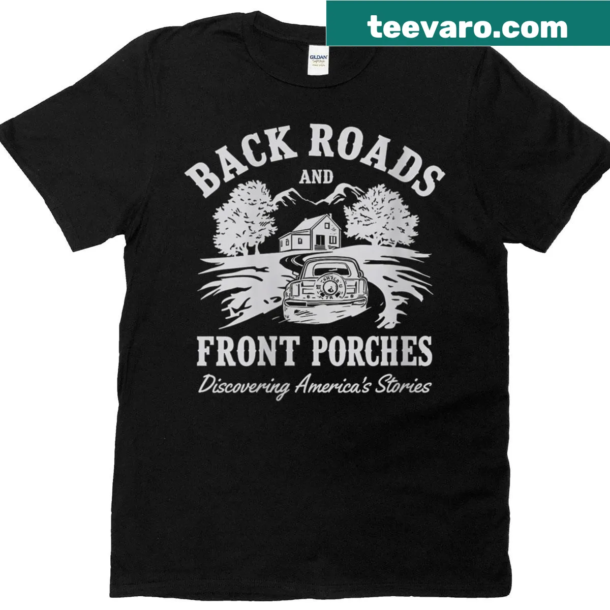 Illustrative t-shirt for women featuring 'Back Roads And Front Porches' — on a men's t-shirt