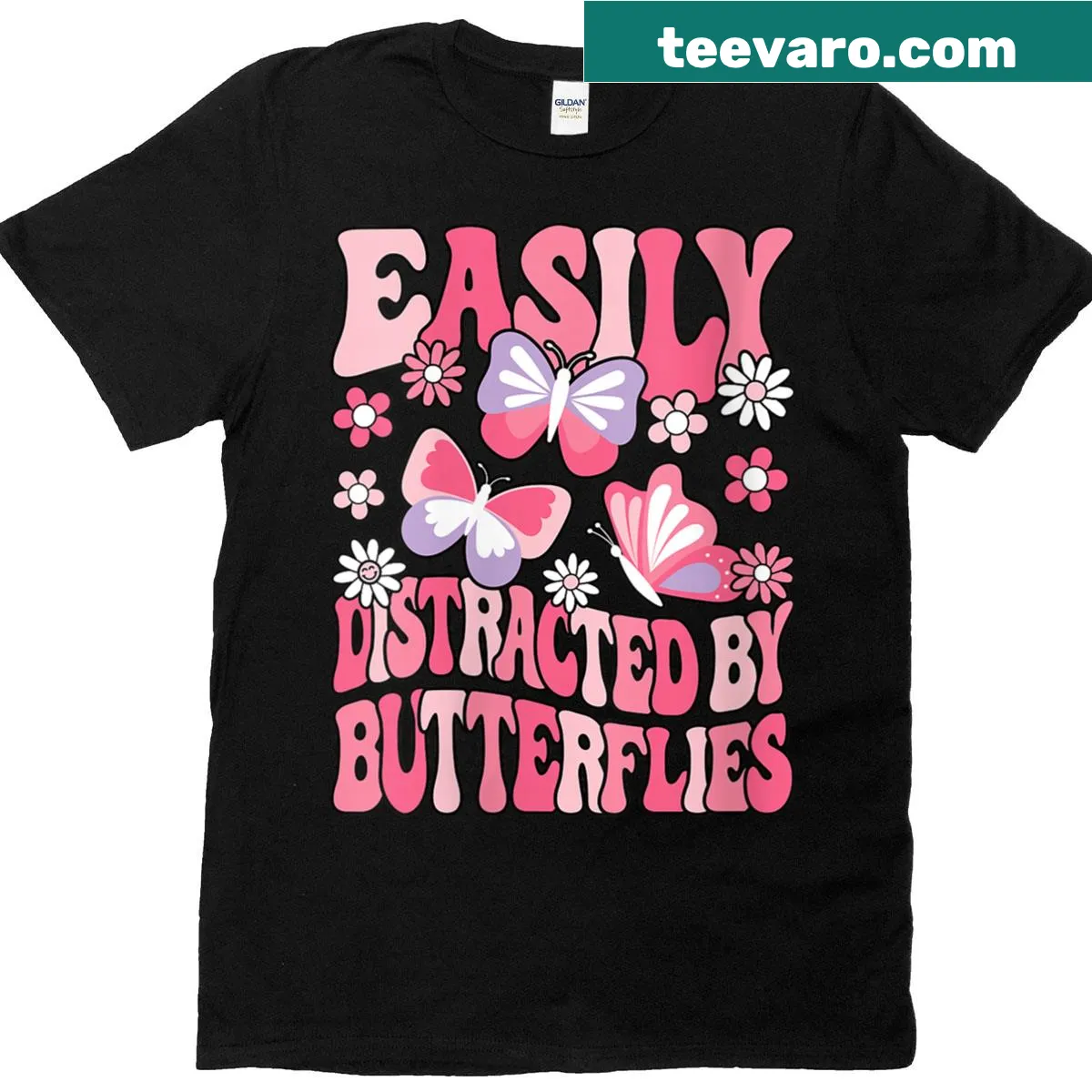 Cute t-shirt for women featuring butterflies and the phrase 'Easily Distracted By Butterflies' — on a men's t-shirt