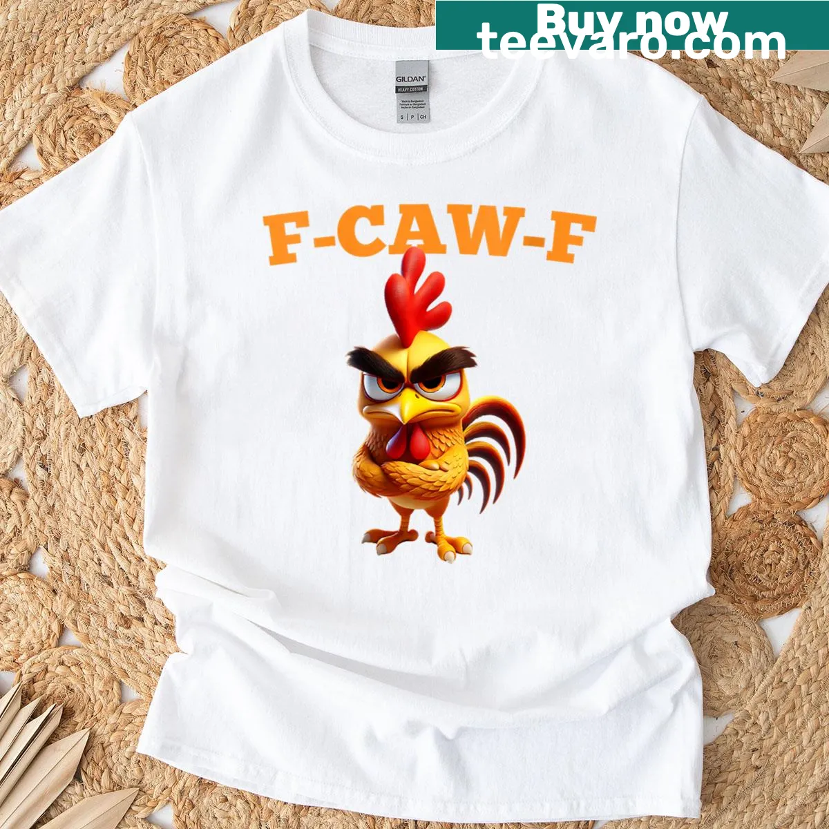 Humorous t-shirt with a rooster meme and witty quote — on a men's t-shirt