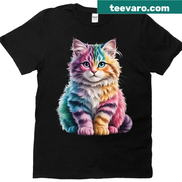 Cute fluffy kitten with rainbow on a women's t-shirt