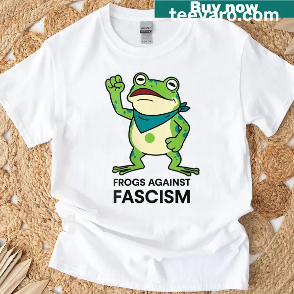 Whimsical T-shirt featuring frogs protesting against fascism
