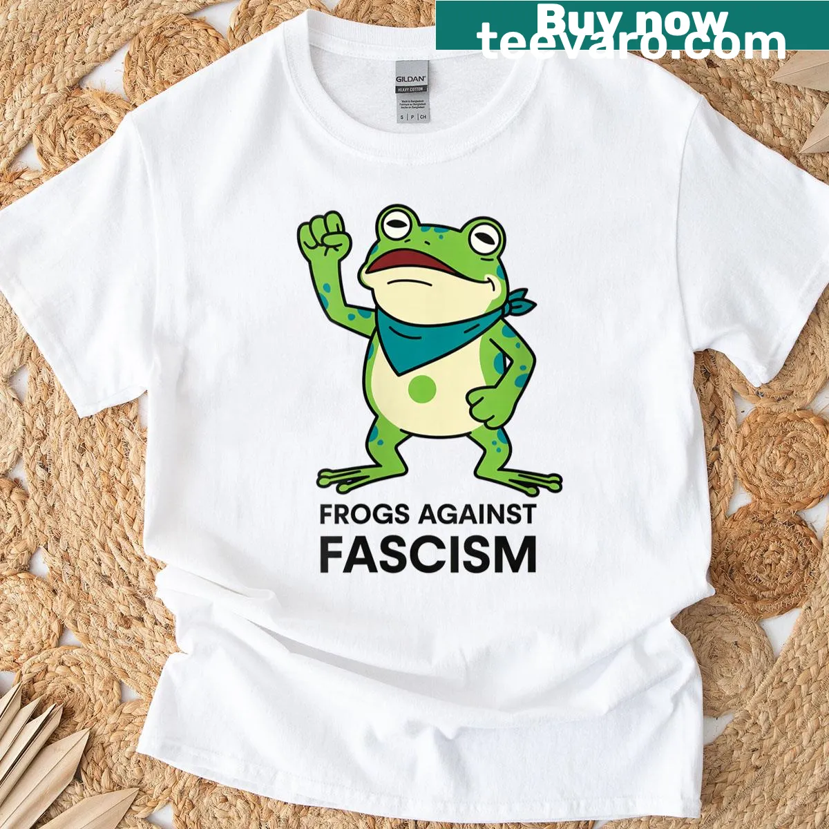 Whimsical T-shirt featuring frogs protesting against fascism — on a men's t-shirt