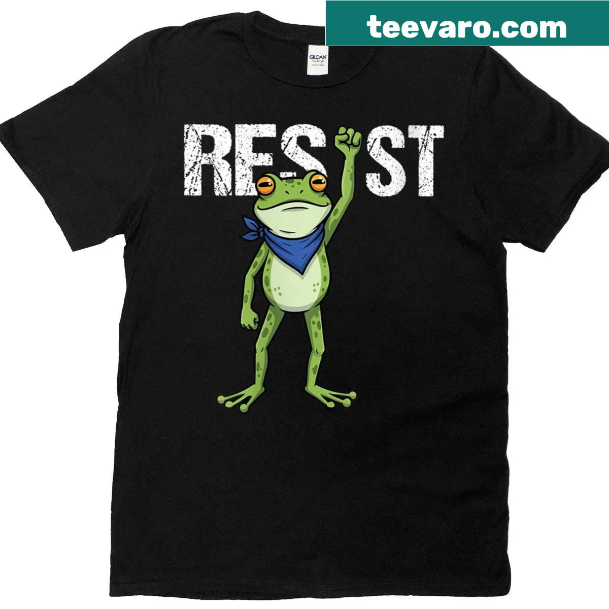 Funny women's t-shirt with 'Frogs Resist' slogan celebrating frog protests — on a men's t-shirt