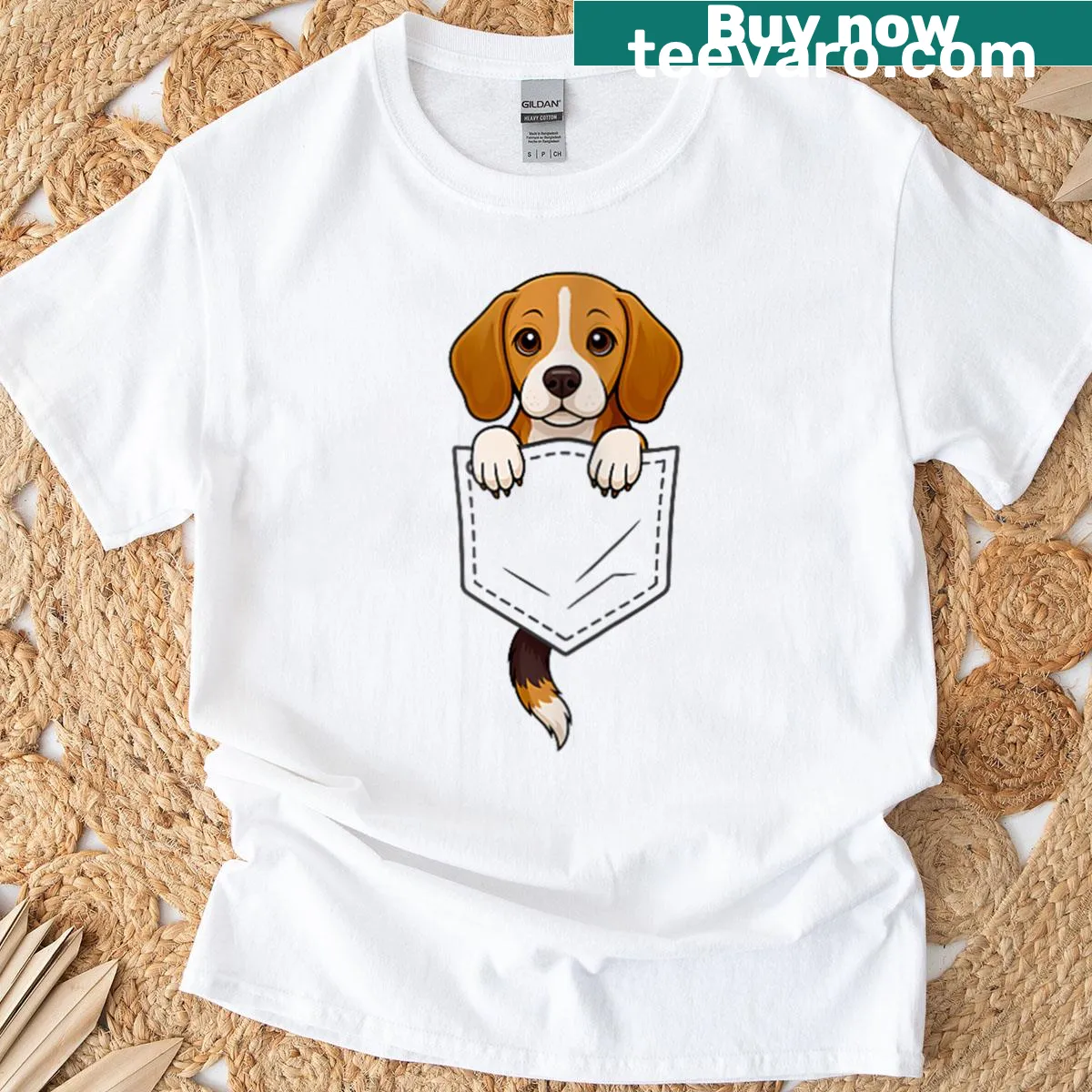 Cute T-shirt with a beagle peeking out from a pocket design — on a men's t-shirt