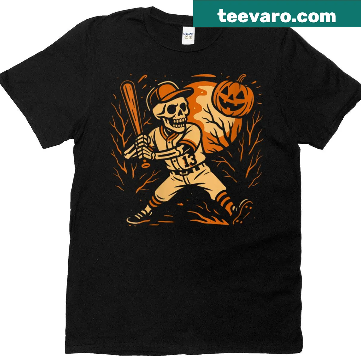 Funny Halloween T-shirt featuring a skeleton playing baseball — on a men's t-shirt