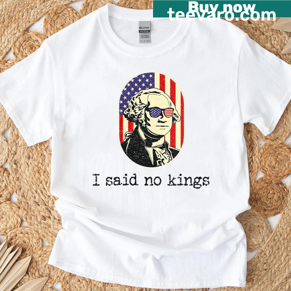 T-shirt with 'No Kings in America' protest message — on a men's t-shirt