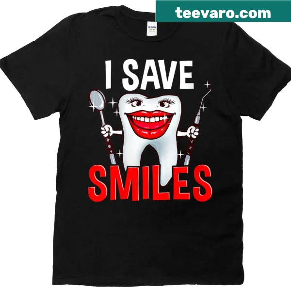 Whimsical T-shirt with a happy tooth graphic and dental quote