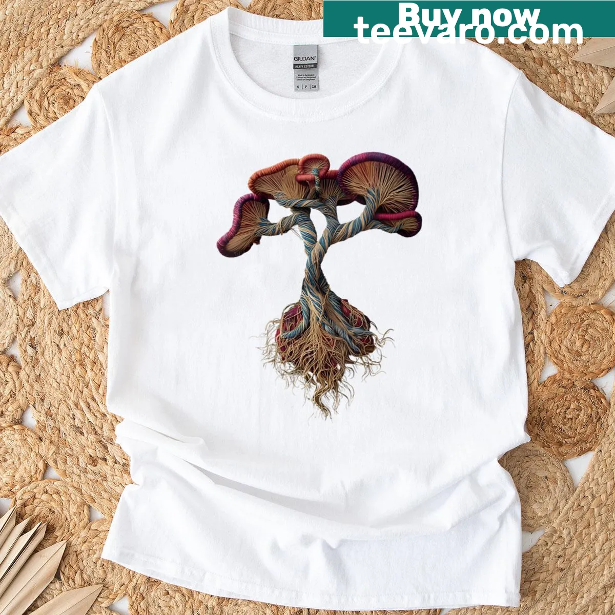 Illustrated t-shirt featuring a cluster of mushrooms — on a men's t-shirt