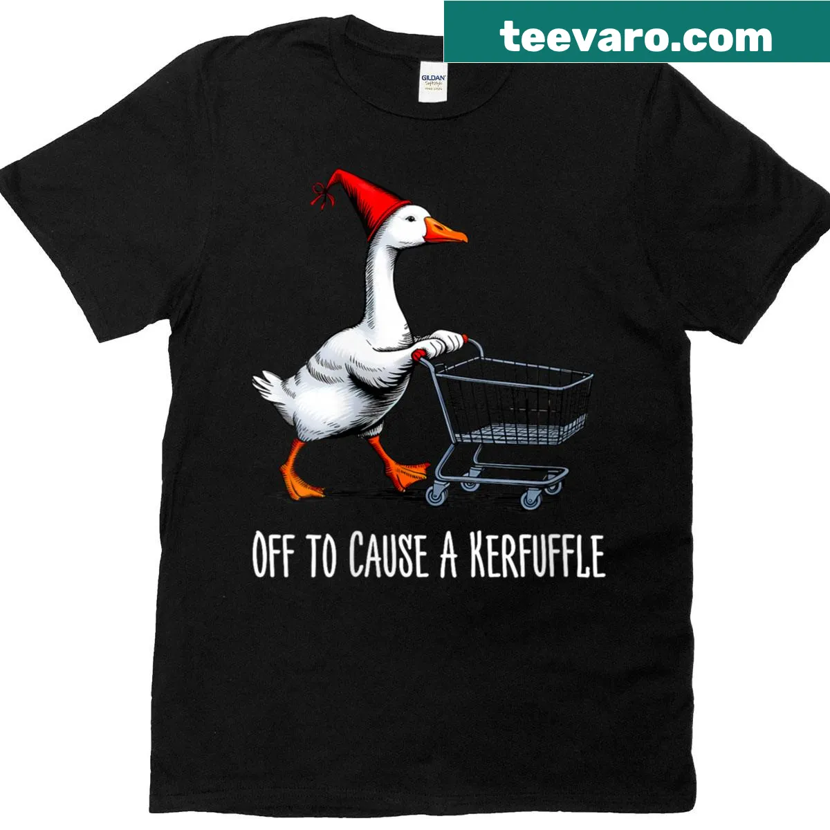 Silly bird with a witch hat and 'Off To Cause A Kerfuffle' text T-shirt — on a men's t-shirt