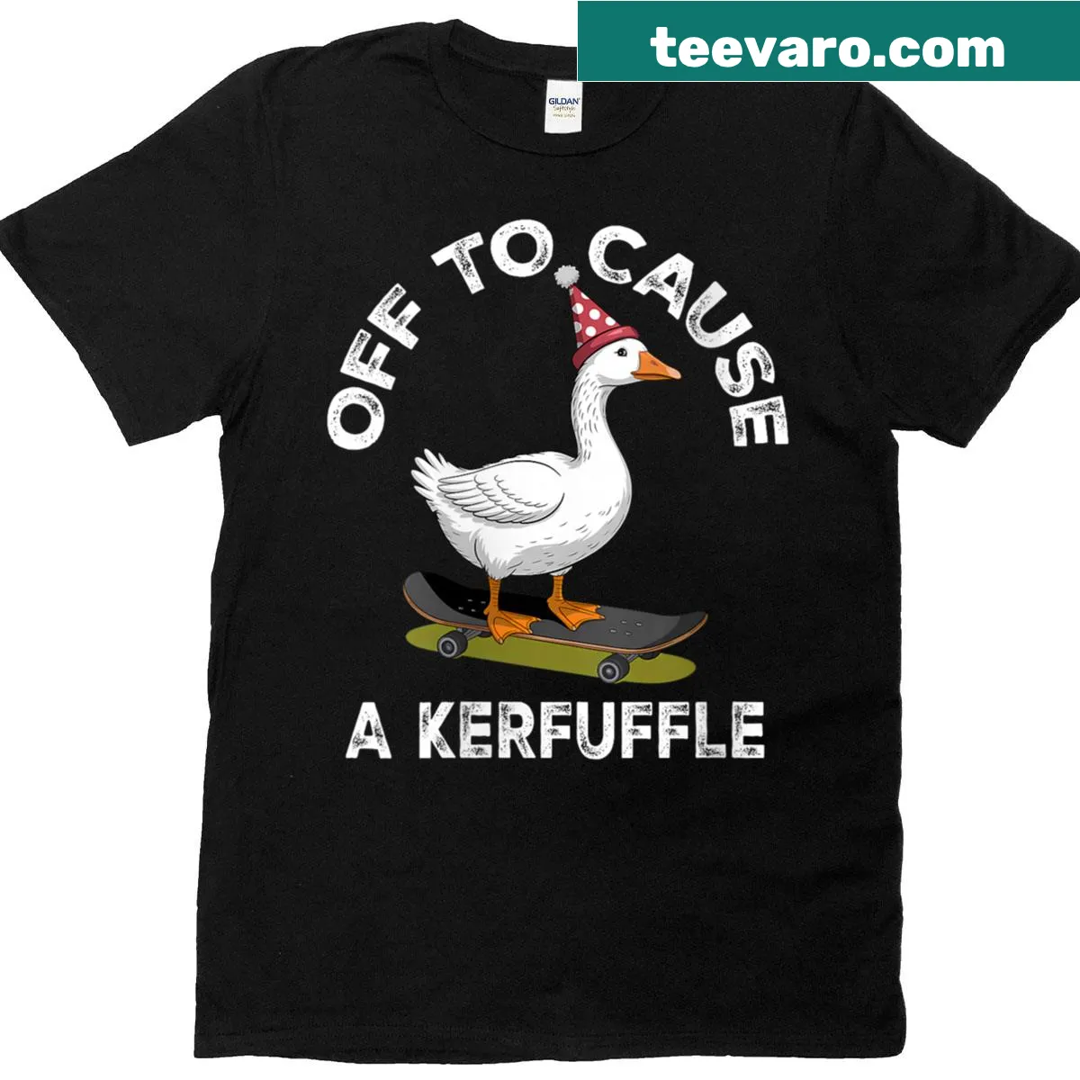 Funny kids T-shirt with skateboard and 'Off To Cause A Kerfuffle' text — on a men's t-shirt