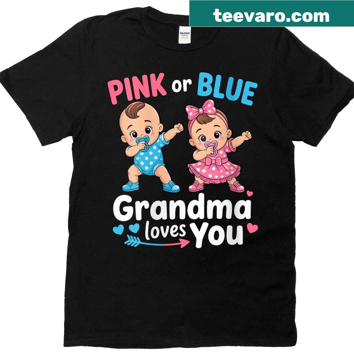 Gender reveal T-shirt with 'Pink Or Blue, Grandma Loves You' text — on a men's t-shirt
