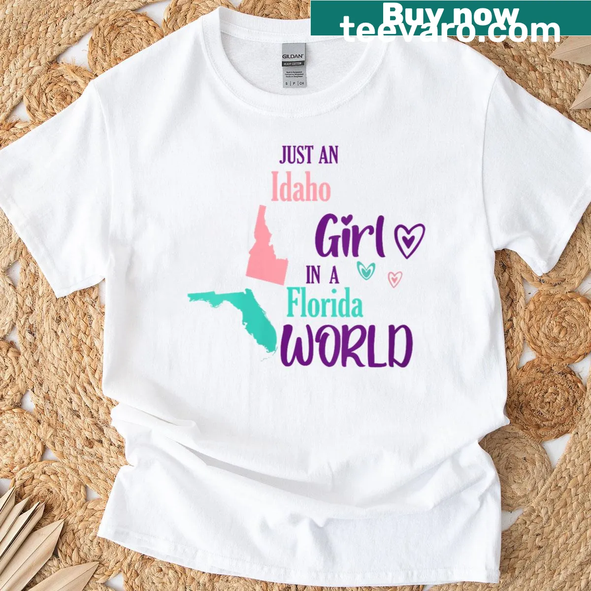 Typography t-shirt for women saying Just an Idaho Girl in a Florida World — on a men's t-shirt
