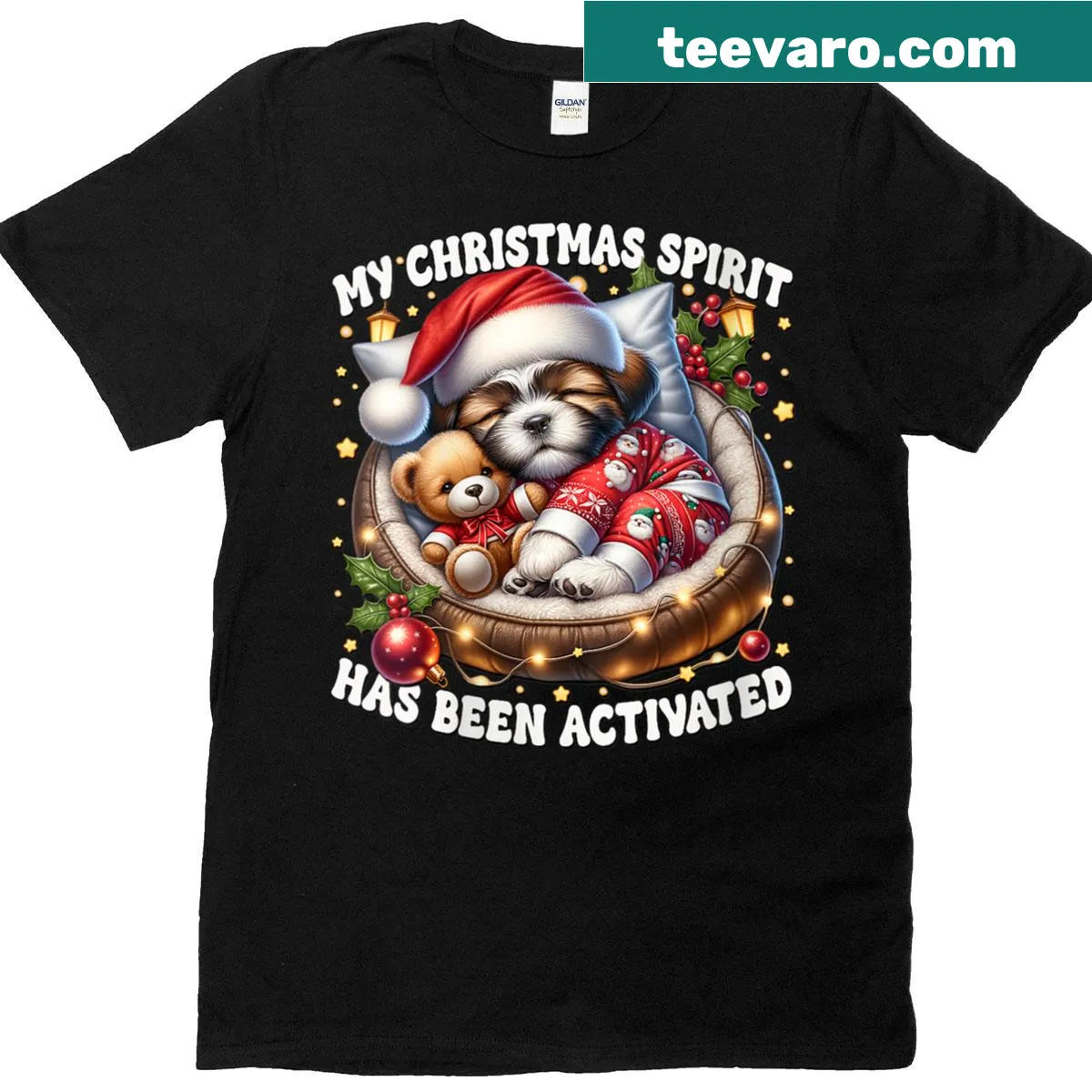 Cute Christmas T-shirt with an illustration of a Shih Tzu puppy and a teddy bear — on a men's t-shirt