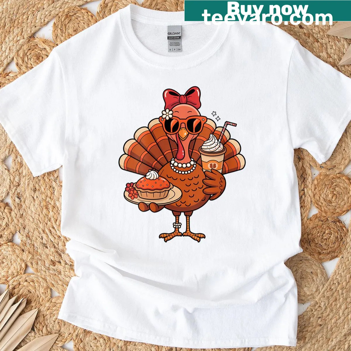Funny Thanksgiving t-shirt with turkey drinking coffee — on a men's t-shirt