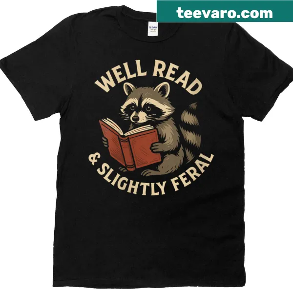Funny T-shirt featuring a raccoon graphic with books, for book lovers