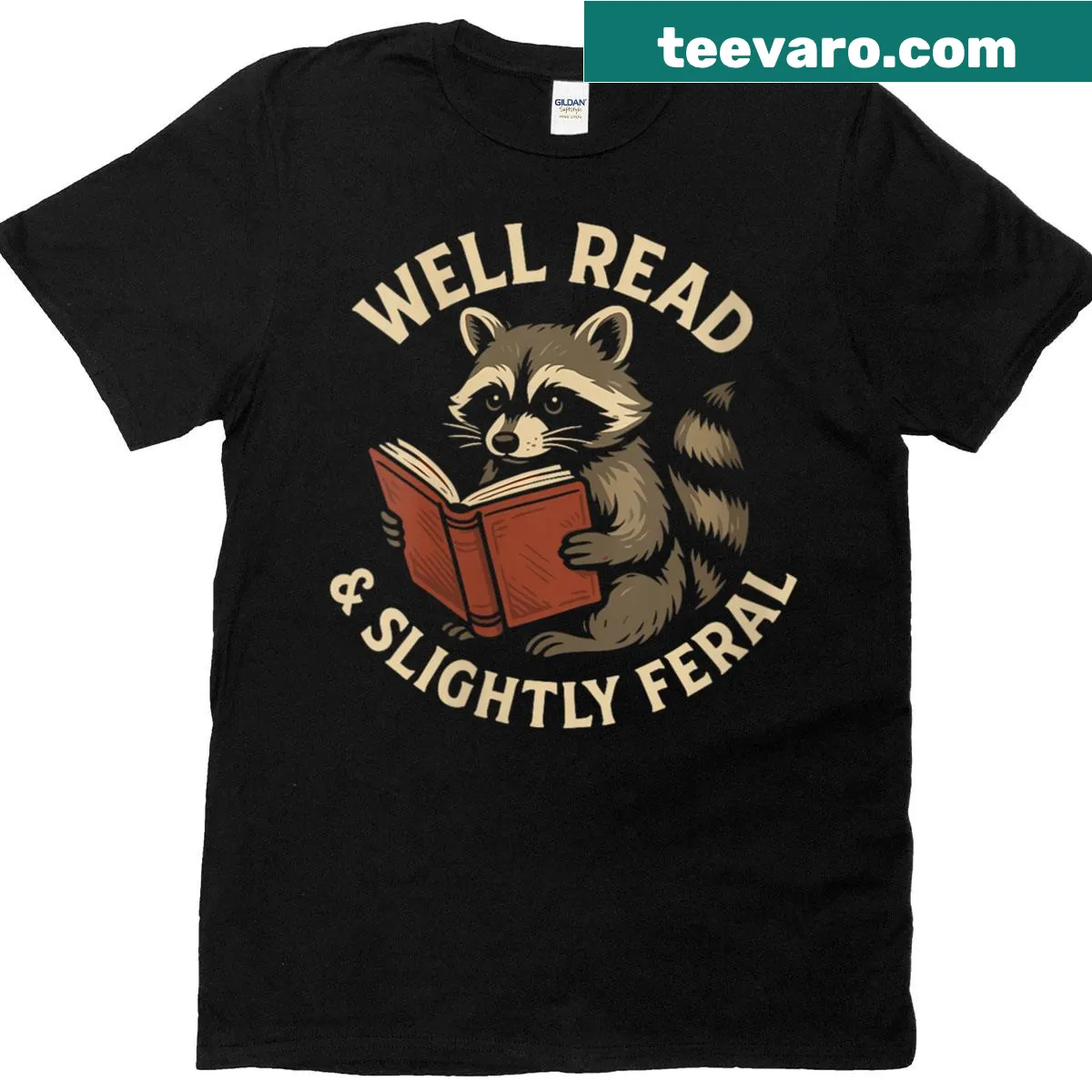 Funny T-shirt featuring a raccoon graphic with books, for book lovers — on a men's t-shirt