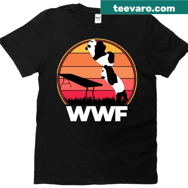 Cartoon T-shirt featuring wrestling pandas in playful action