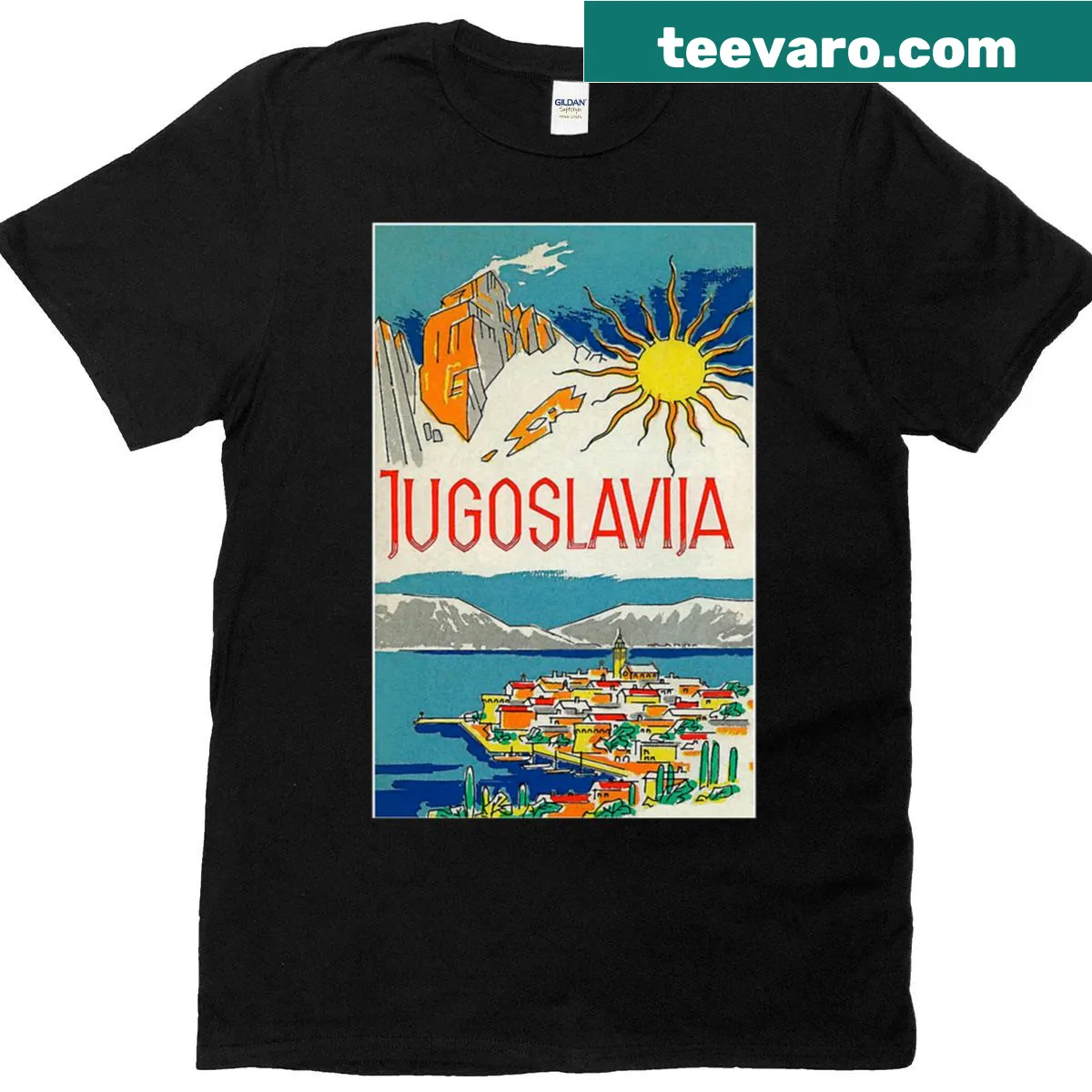Vintage retro travel poster t-shirt featuring Yugoslavia design — on a men's t-shirt