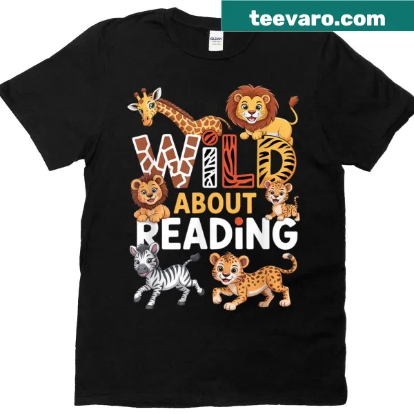 T-shirt with zoo animals and books illustration, celebrating reading