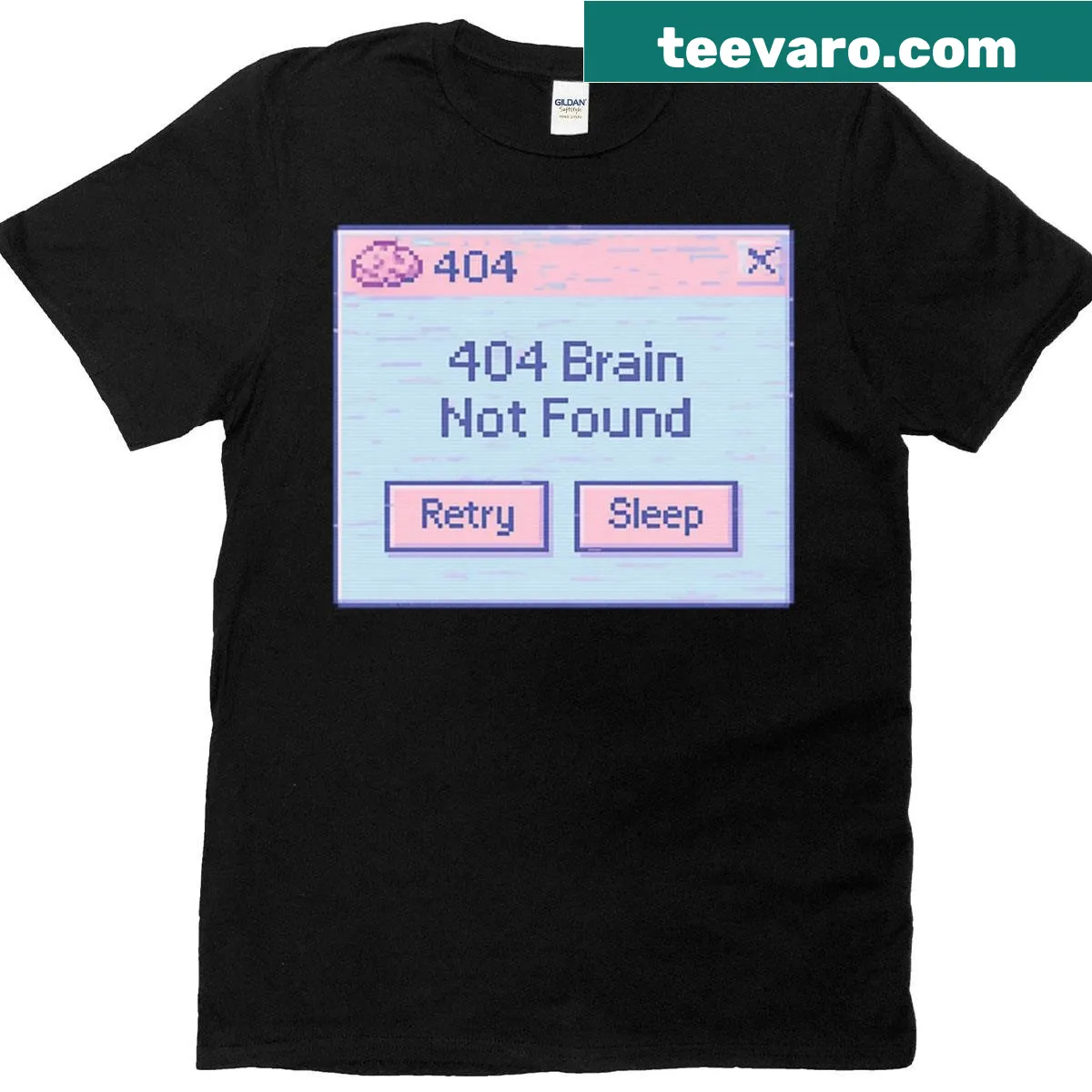 Humorous T-shirt with '404 Brain Not Found' printed text — on a men's t-shirt